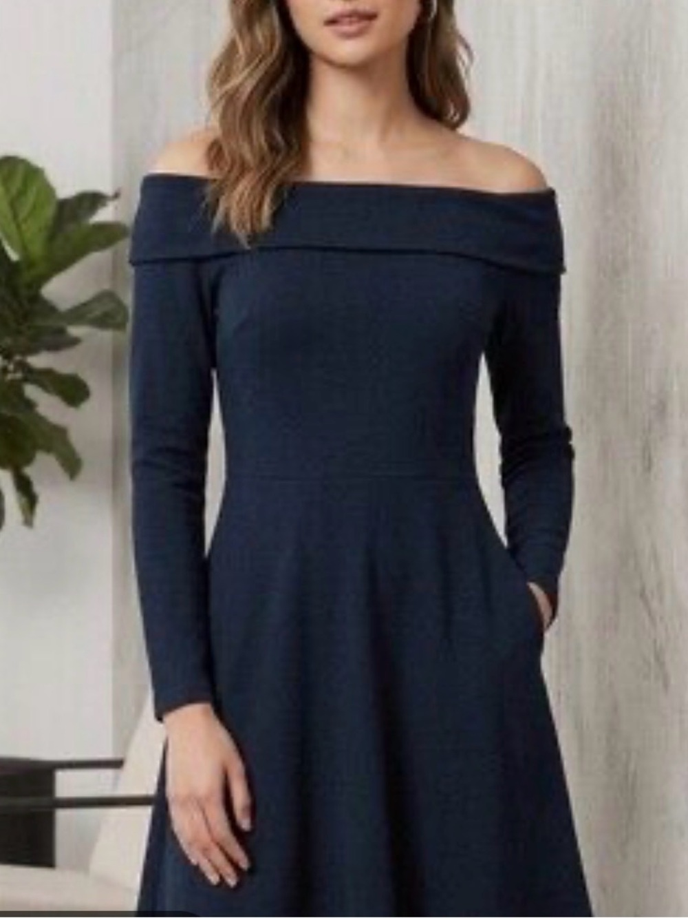 Cider Navy Off-Shoulder Pleated Long-Sleeve Knit Dress